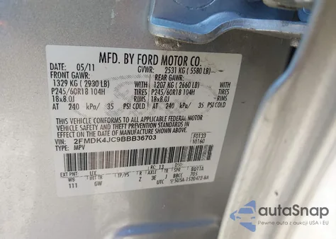 2011 Ford Edge Sel z USA, uszkodzony, nr VIN 2FMDK4JC9BBB36703